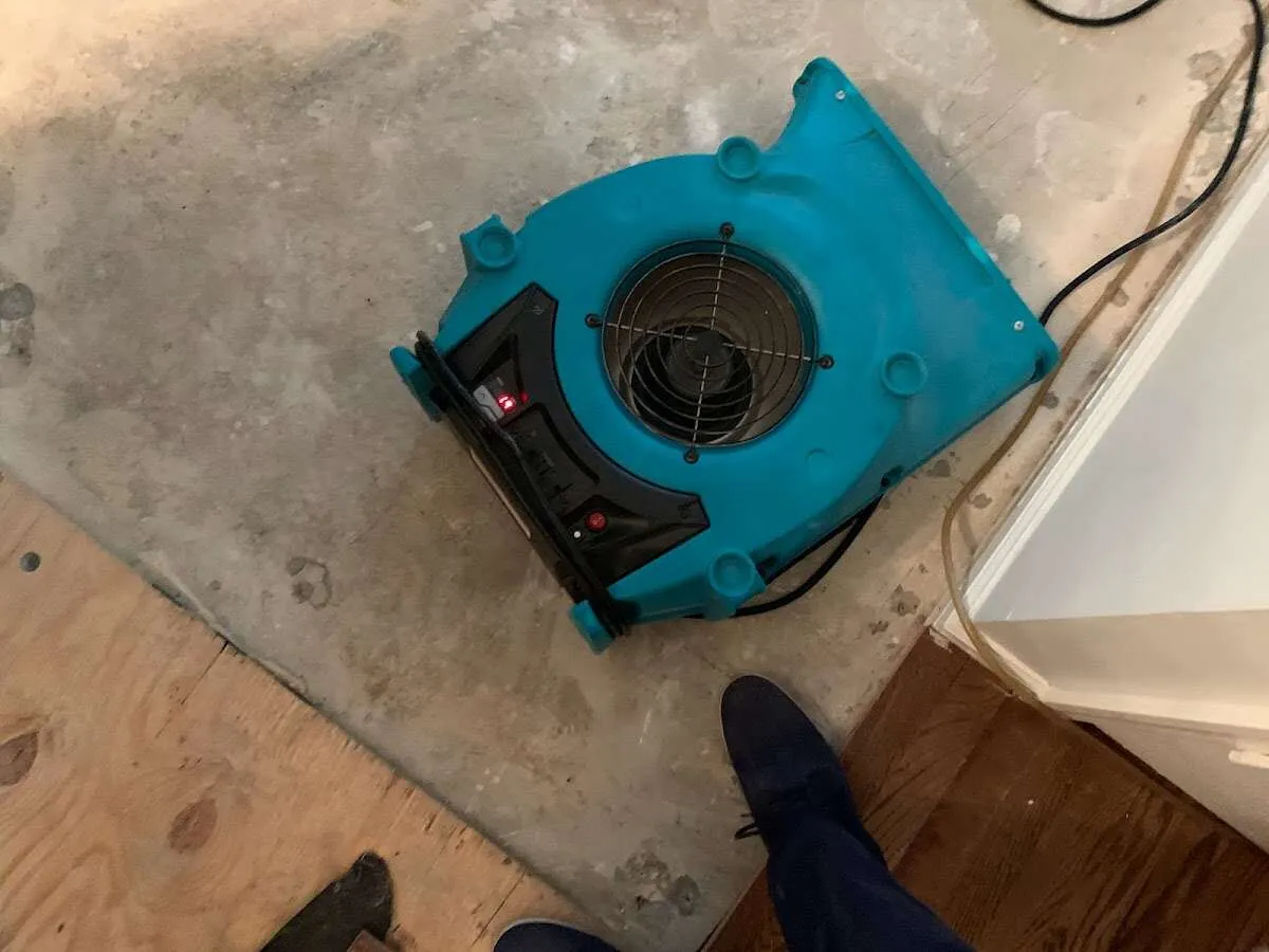 Air mover drying subfloor during Commercial Water Damage Restoration in Smiths Station